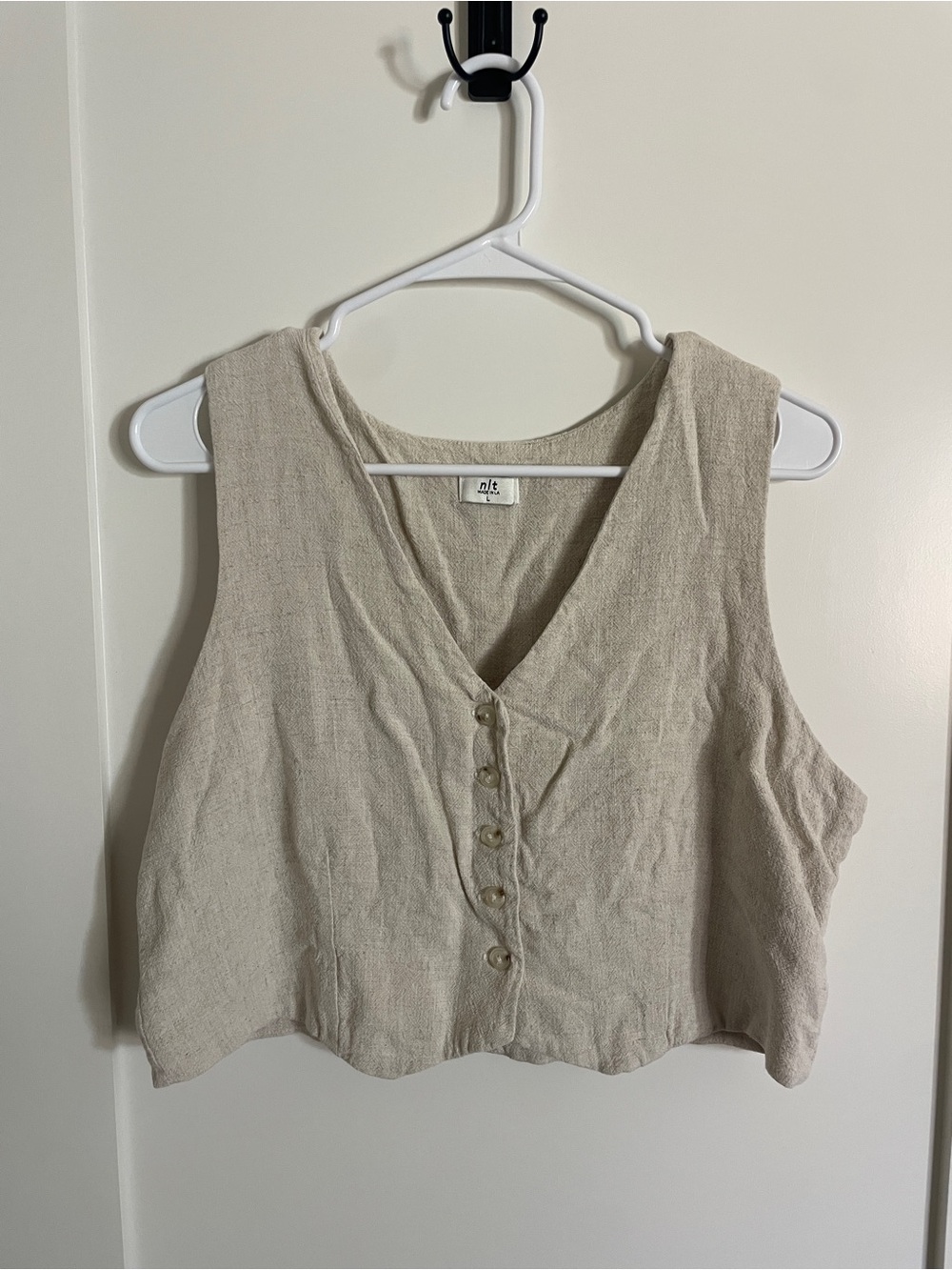 NLT Made in LA Linen Blend Button Front Crop Tank | Size Large | Oatmeal